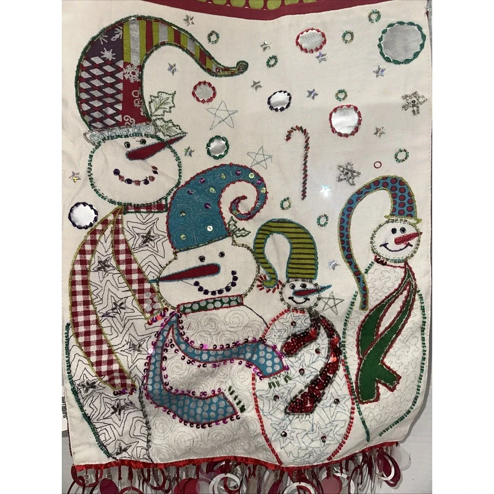 Pier 1 Imports Snowman Christmas Table Runner Embroidered Beaded Fringe 108x13